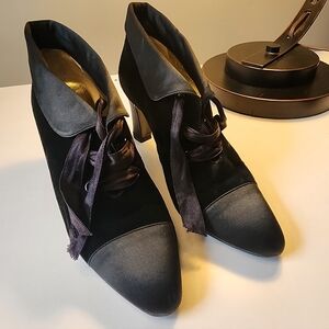 Authentic CHANEL Black Velvet Satin Lace Up Short Boots 35 1/2